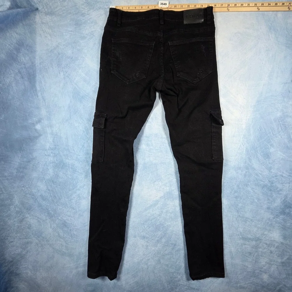 THRT Denim Mens Black Cargo Jeans Slim Fit Distressed Buckle Pockets Size 32